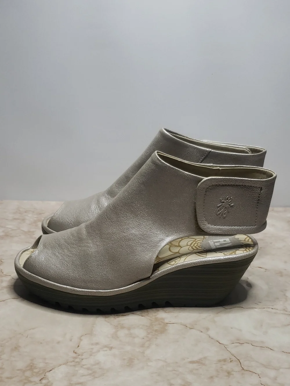 Fly London Comfort Wedge Sandals in Metallic Pearl